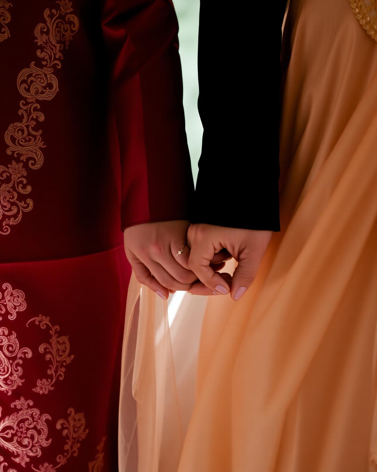 Pengantin berpegangan tangan mengenakan songket Palembang maroon emas